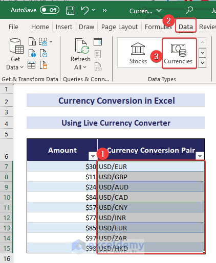 Using Currencies Option in Data Tab