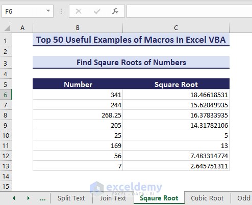 Square roots found using VBA