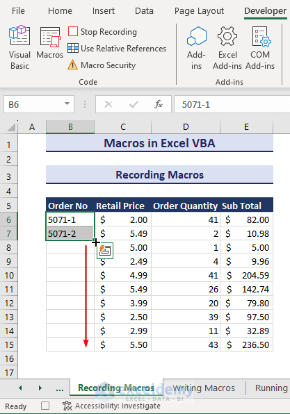 Draggng Fill Handle tool up to B15 while recording macros in Excel VBA