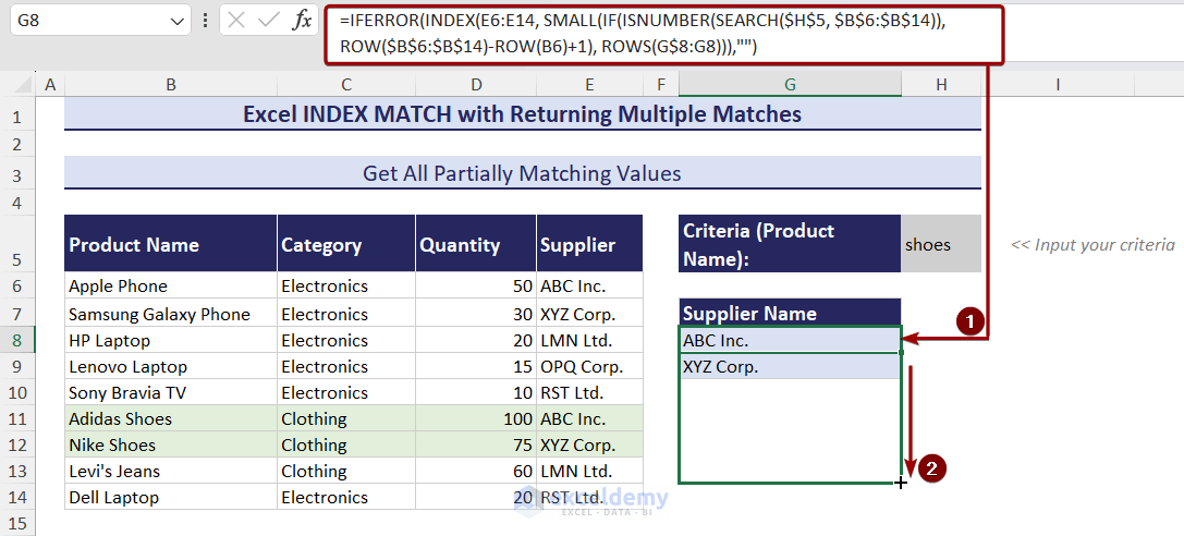 Excel formula to get multiple matches from partially matched criteria