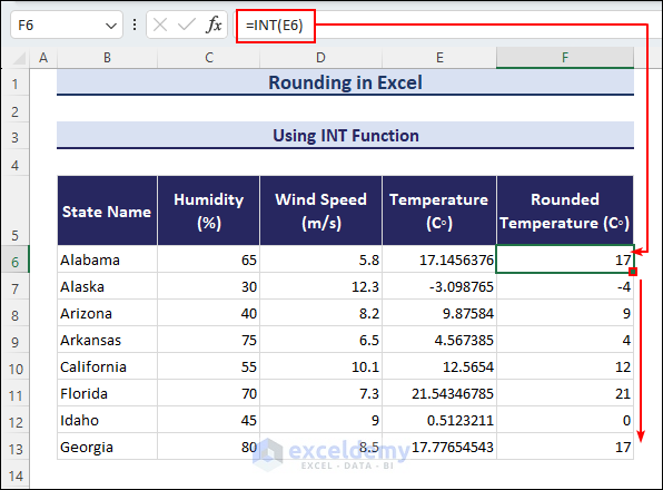Applying INT function for rounding in Excel