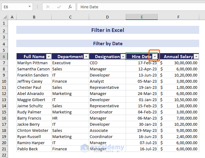 Click Hire date column to filter by date