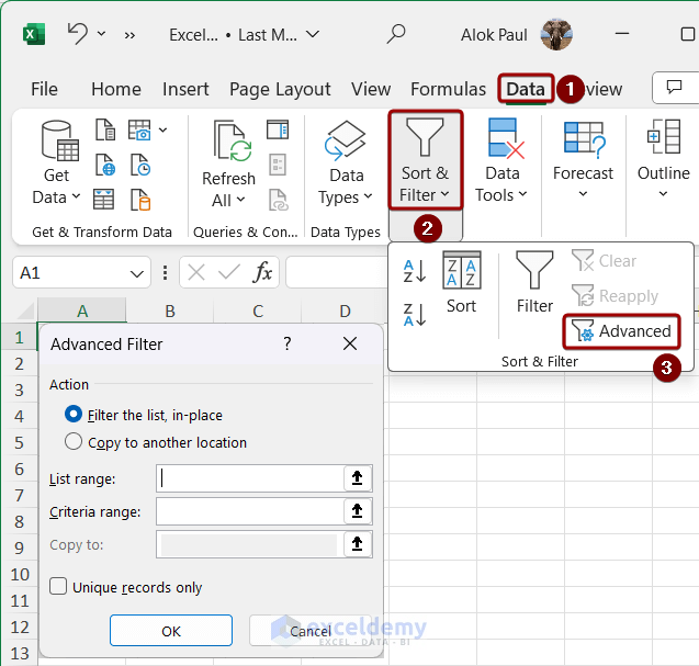 Advanced Filter Dialog Box