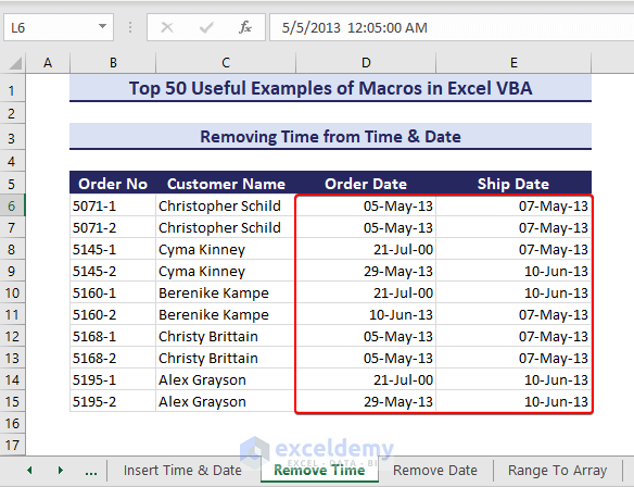 Time removed from time & date using macros in excel vba