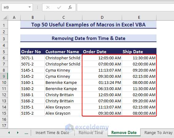 Date removed from time & date using macros in excel vba
