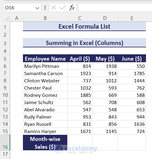 Dataset to sum columns in Excel using SUM formula