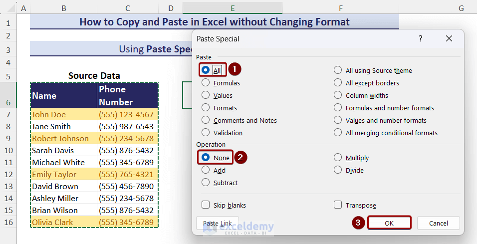 Choose desired options in the Paste Special window