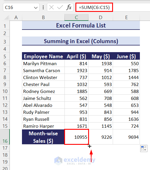 Showing summed cells after applying SUM formula in Excel