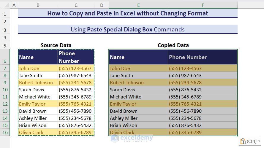 Data copied by applying the Paste Special feature