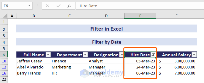 Hire date column filtered by date
