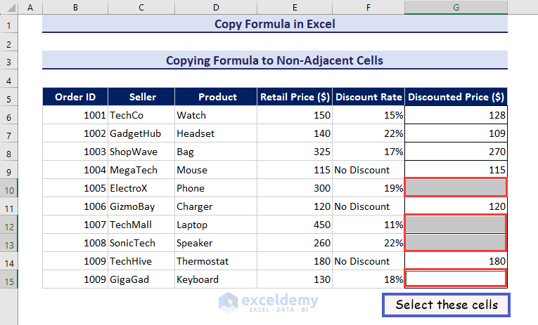 Selecting the non-adjacent cells