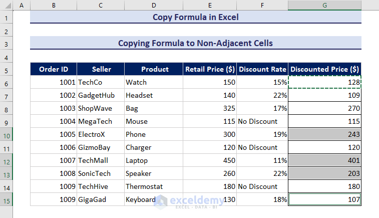 Copy formula to non-adjacent cells in Excel