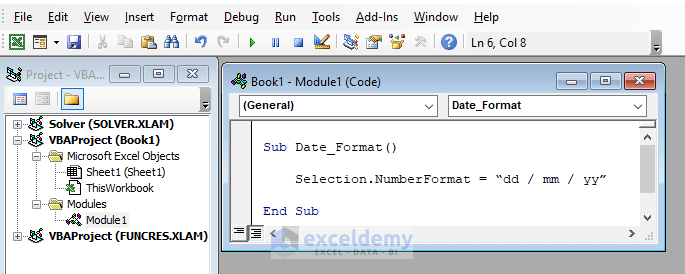 Writing a macro subordinate called Date_Format in Module1