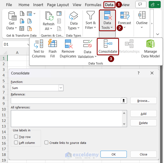 Consolidate Dialog Box