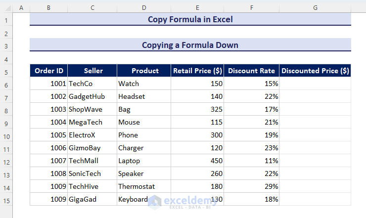 Dataset of copying a formula down