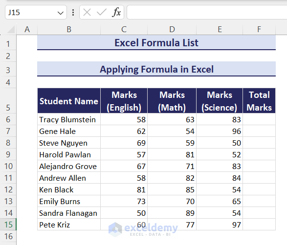 Dataset to apply formula in Excel