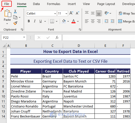 Clicking on File to Export Data from Excel