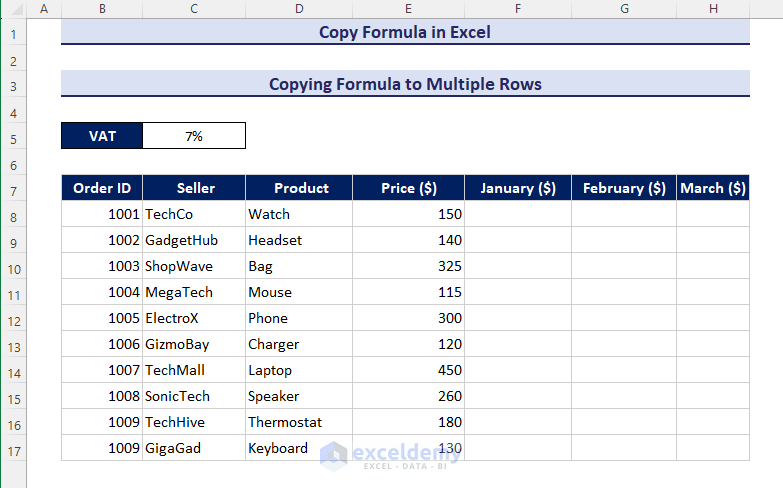 Dataset for copying formula in multiple rows