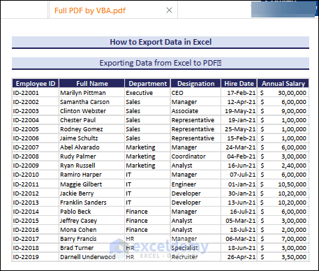 Exported Data in PDF File