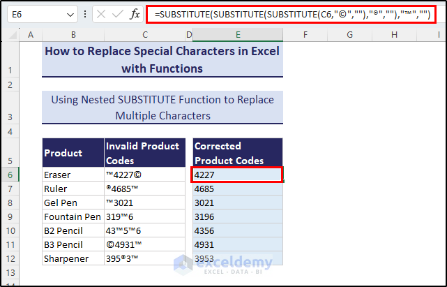 Replacing multiple special characters with nested SUBSTITUTE function
