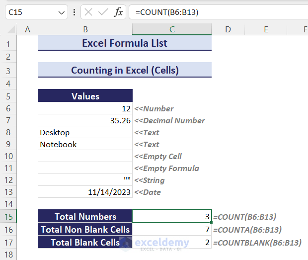 Showing counted cells in Excel using several formulas