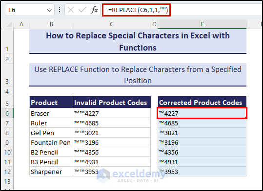 Using REPLACE function to replace special characters
