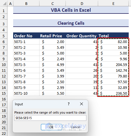 Selecting the range of cells to be cleaned