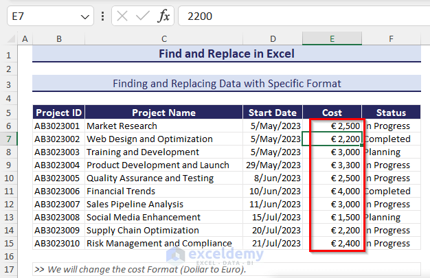 Find and Replace format in Excel: Dollar signs to Euro format