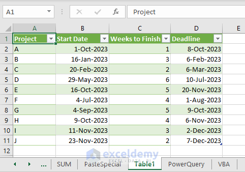 new sheet with deadline from power query