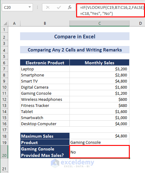 Formula to Compare Any 2 Cells and Writing Remarks