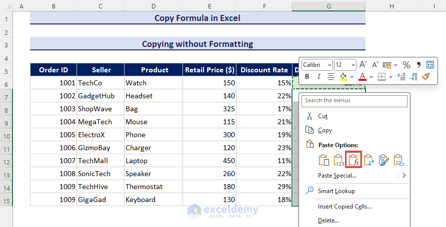 Pasting as formulas in selected cells
