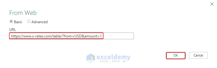 Pasting the Website Link for Extraction Currency Conversion Table