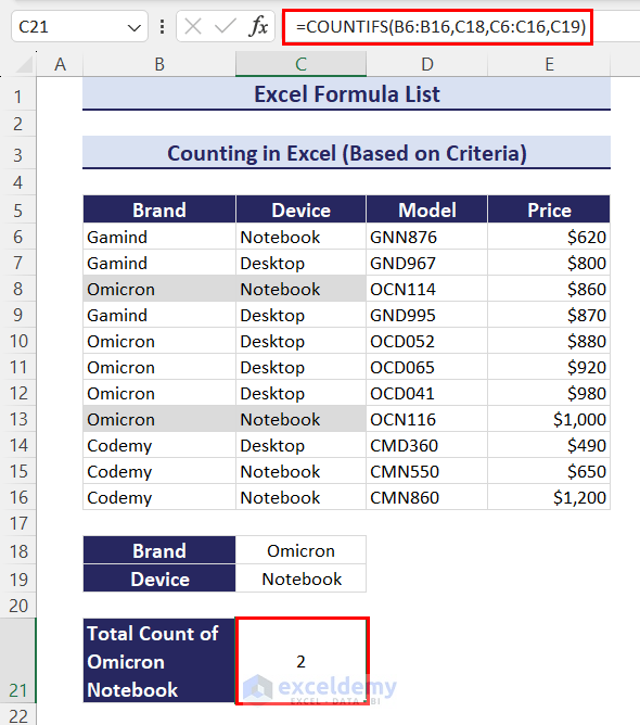 Showing counted values based on criteria in Excel using COUNTIFS formula