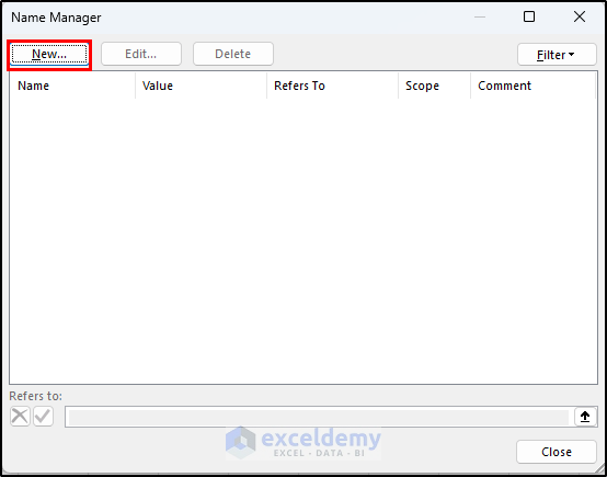 Creating new name in the Name Manager dialog box