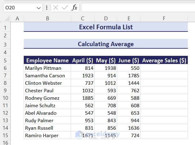 Dataset to calculate average in Excel using formula