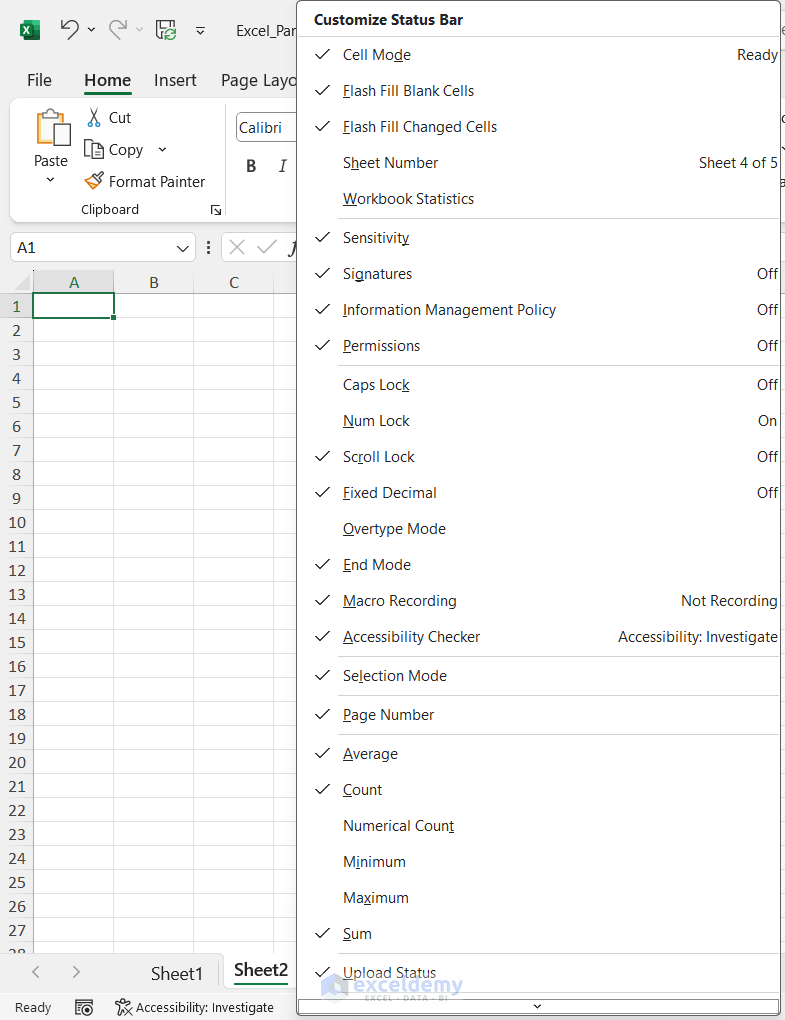 Customize the Excel status bar