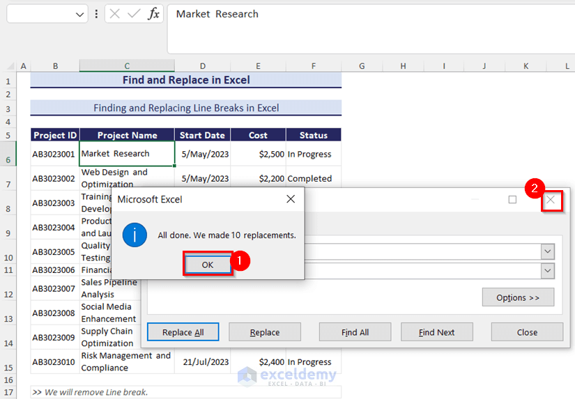 Find and Replace Line breaks in Excel: made 10 replacements