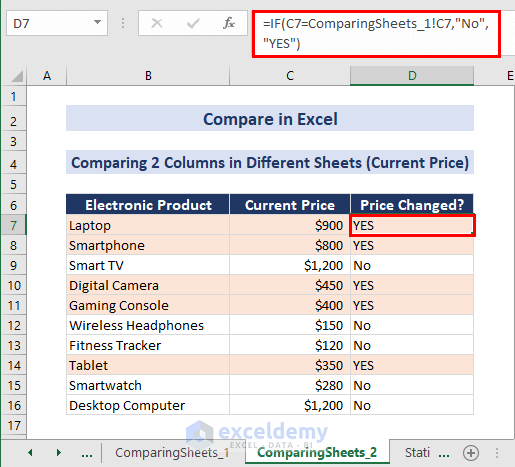 Formula for Comparing 2 Columns in 2 Different Sheets