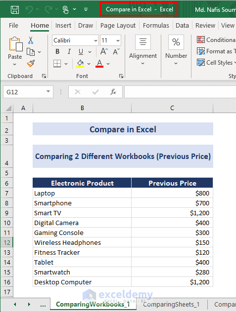 Workbook Containing Previous Prices to Compare Workbooks in Excel