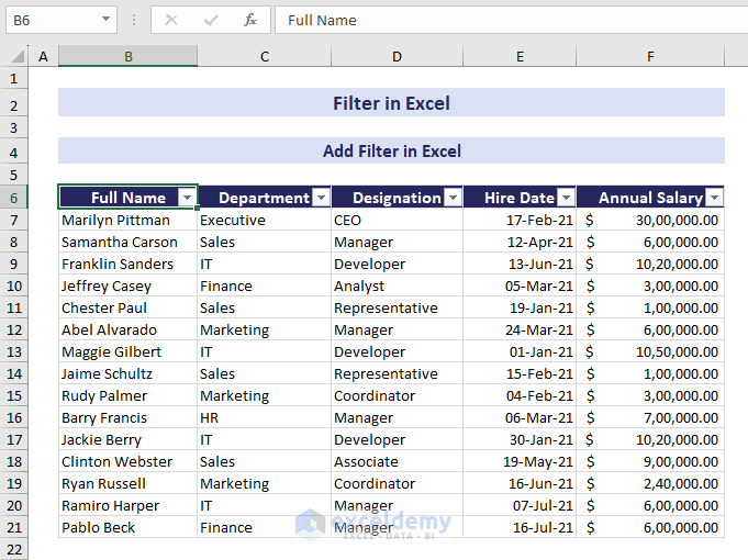 Add Filter in Excel