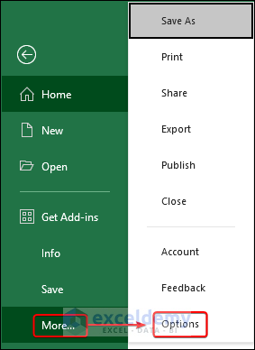 Clicking options to access Excel Options