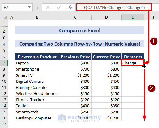 Entering Formula to Compare Numeric Values