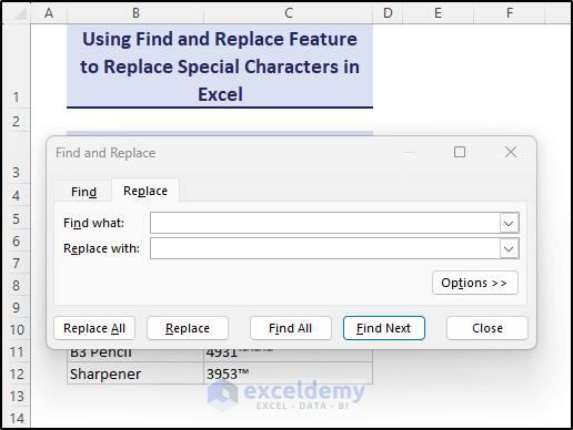 Find and Replace box in Excel