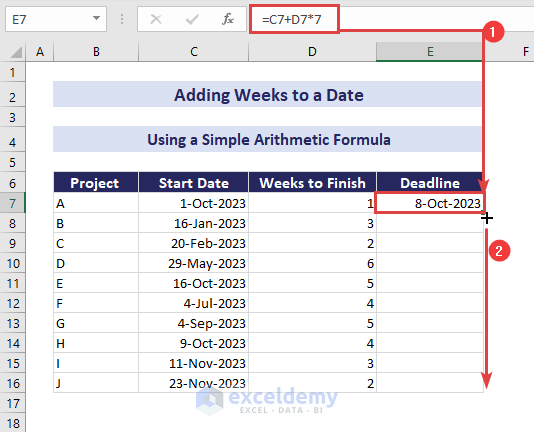 simple formula to add weeks to a date