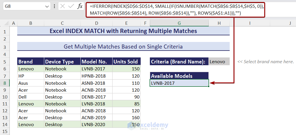 Apply the INDEX MATCH formula to get multiple matches with a single criterion