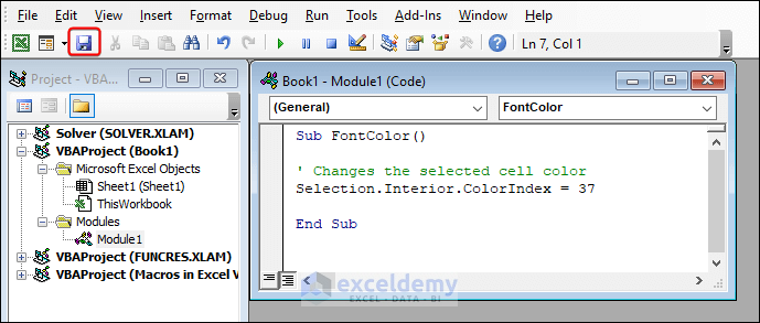 Clicking Save button in Visual Basic Editor to save macros in Excel VBA