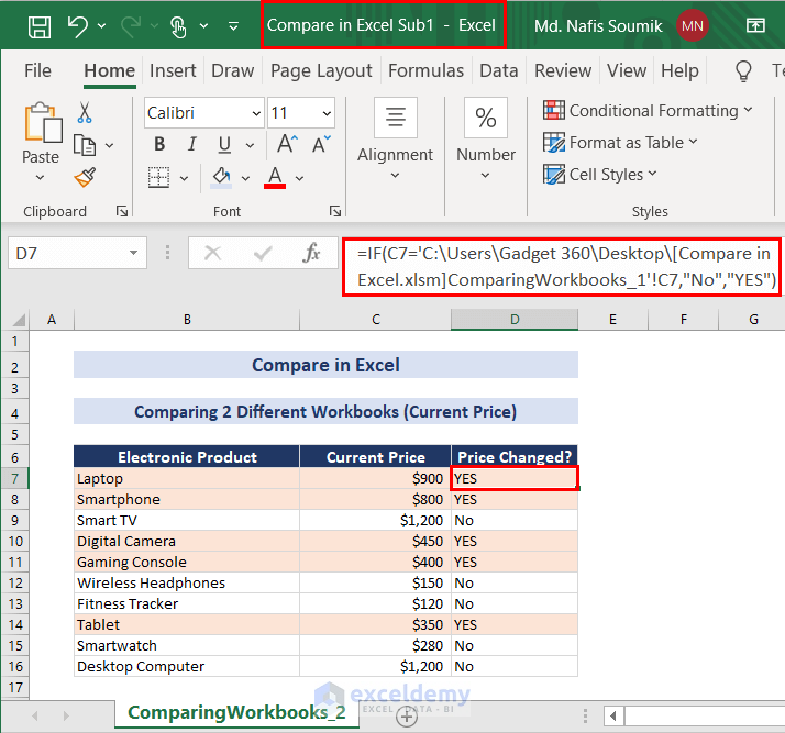 Workbook Containing Current Prices to Comapre Workbooks in Excel