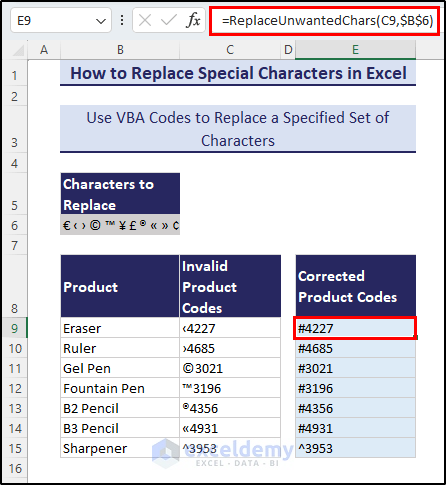 Custom function created with VBA to replace special characters