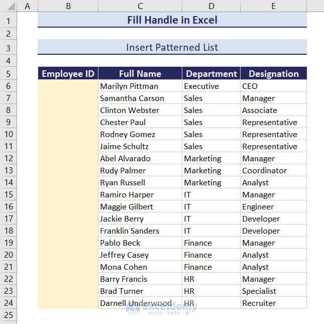 Fill handle for patterned list dataset