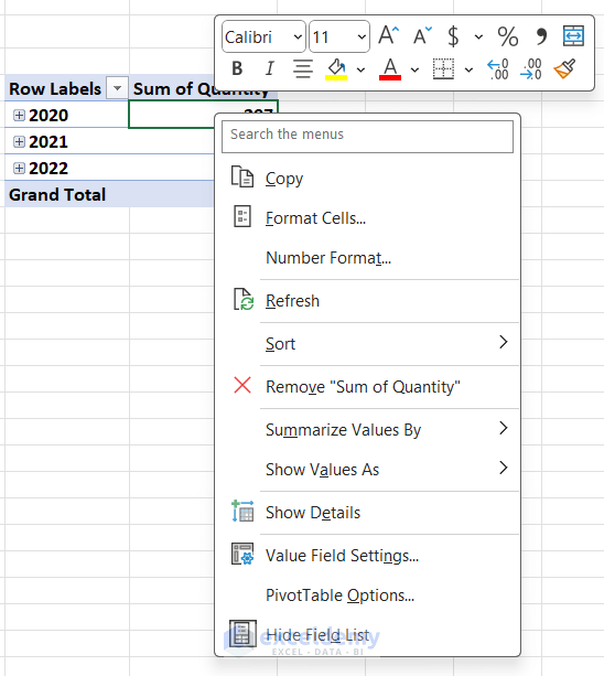 Context Menu of Pivot Table